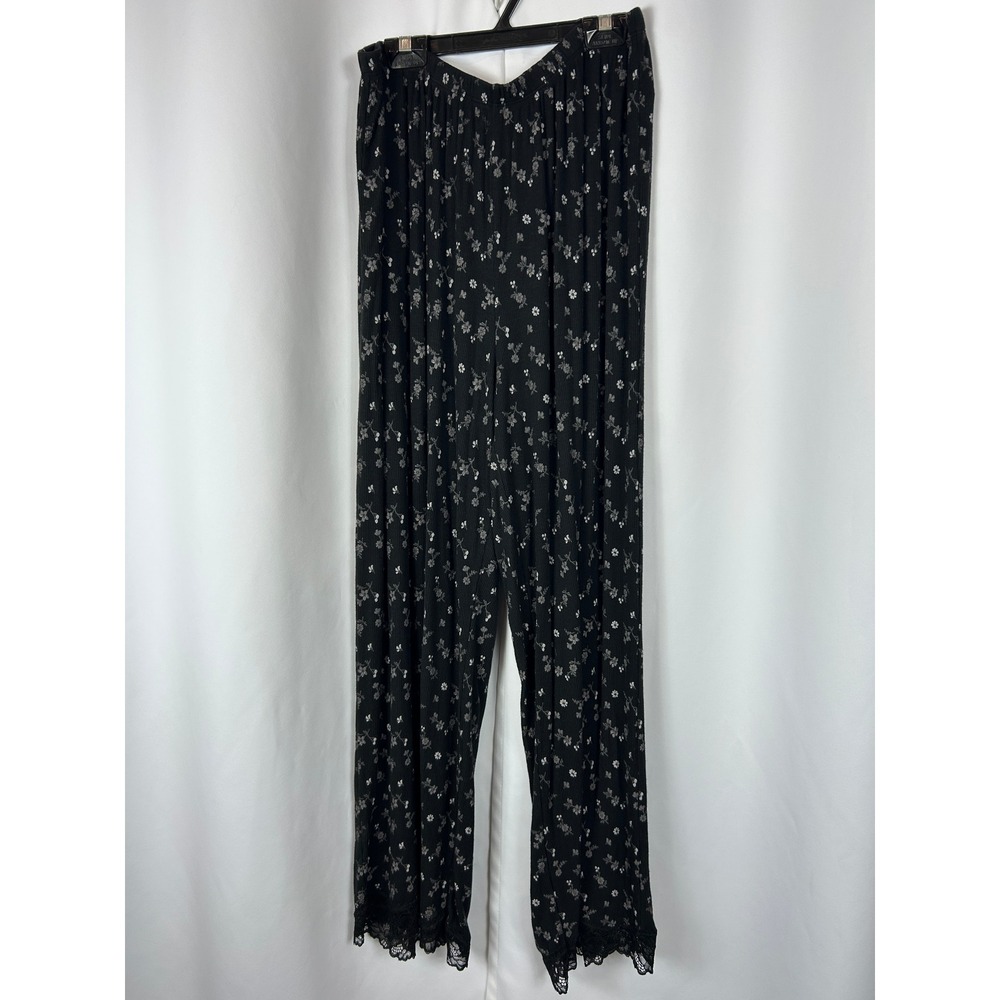 Aerie Black Floral Ribbed Lace Trim Pajama Pants Coquette Cottagecore Large